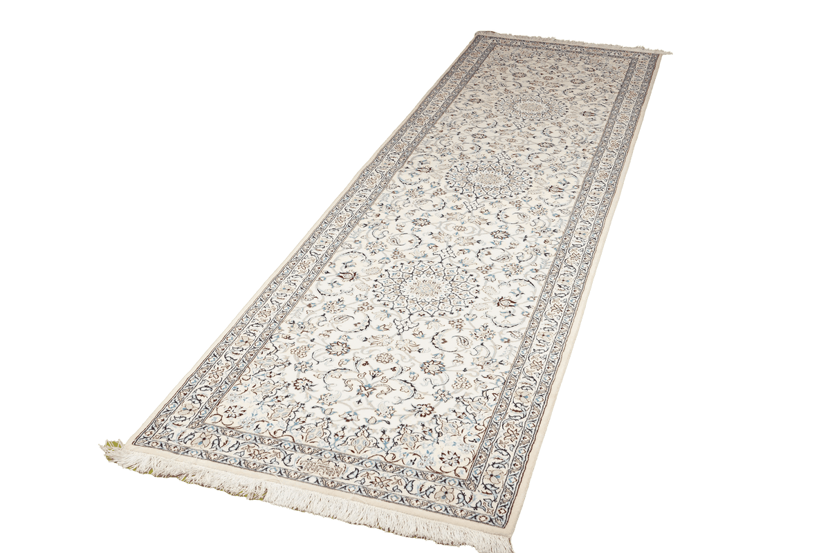 Vintage Teppich Nain 6La Blau Beige Medaillon 288x81cm
