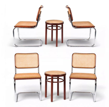 Set von 2 Vintage Hocker 214 mit Wiener Geflecht von Thonet