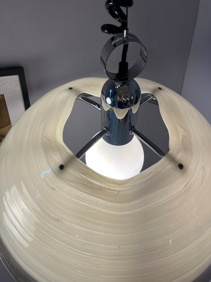 Vintage Hängelampe von Cristallux weiß grau Chrom handgearbeitet