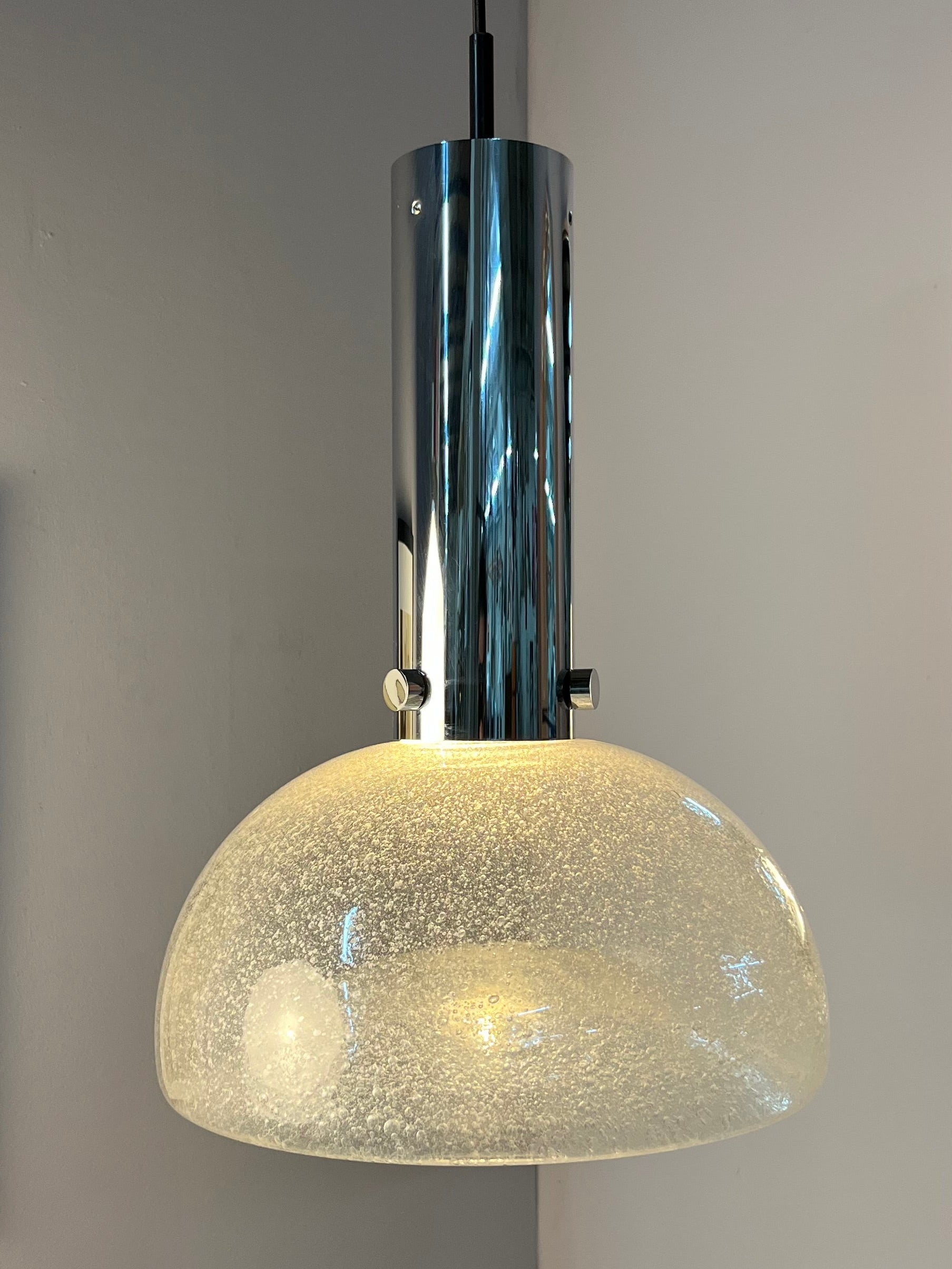 Vintage Hängelampe von Herbert Proft für Glashütte Limburg Eisglas Chrom groß