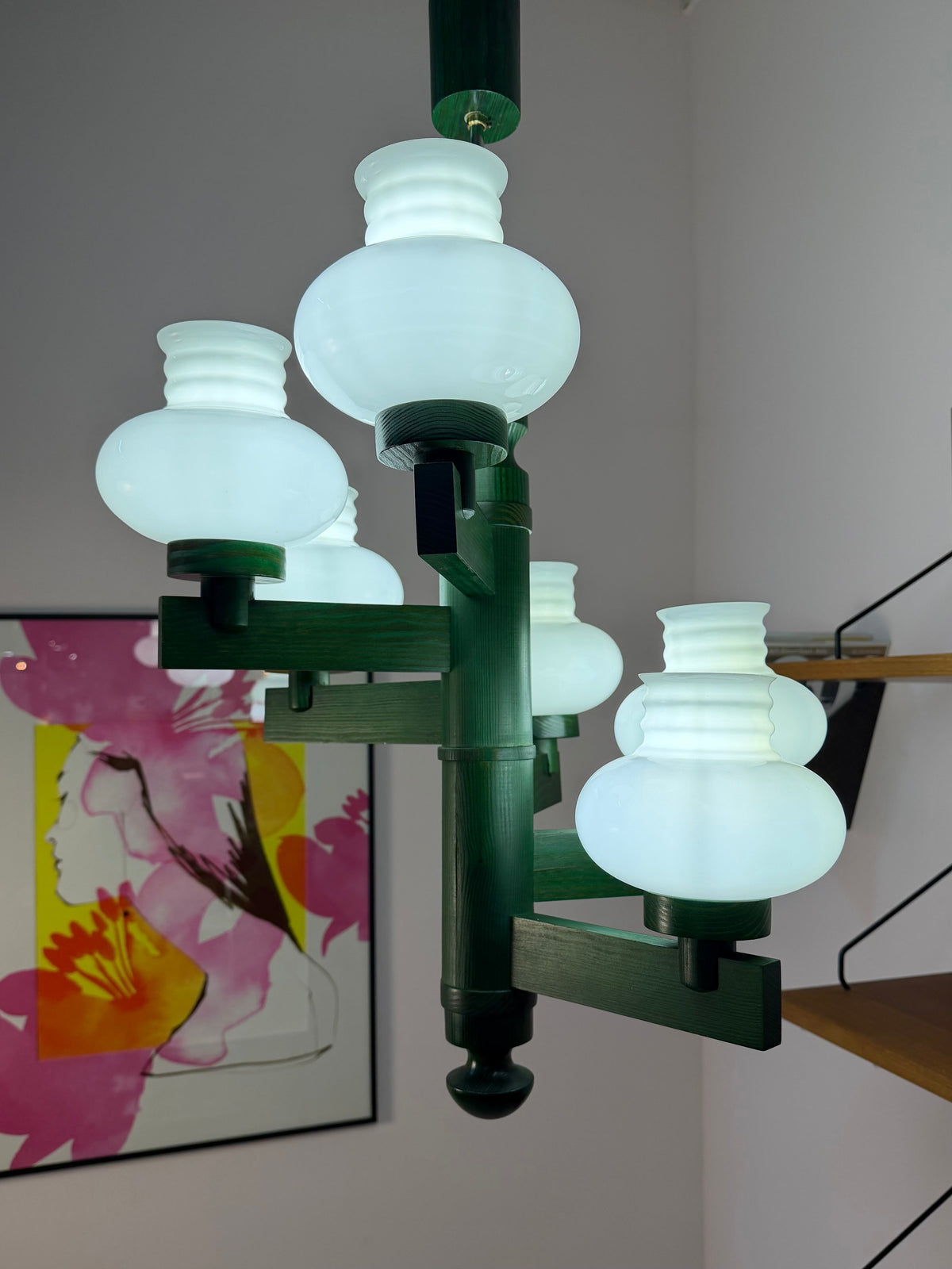Kronleuchter aus Holz und Opalglas, 6-flammig, Grün