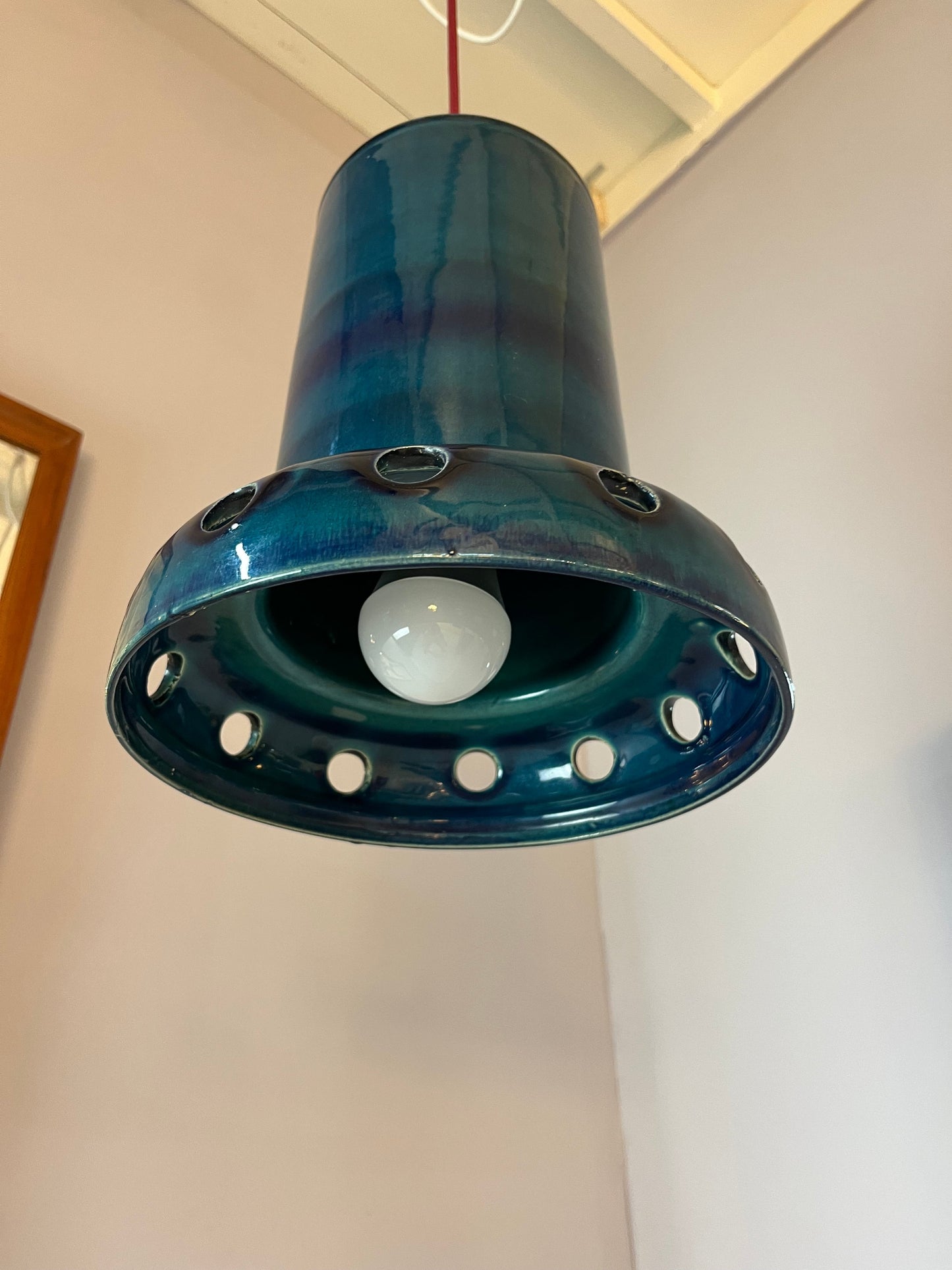 Lampe suspendue vintage en céramique bleue, poterie ouest-allemande