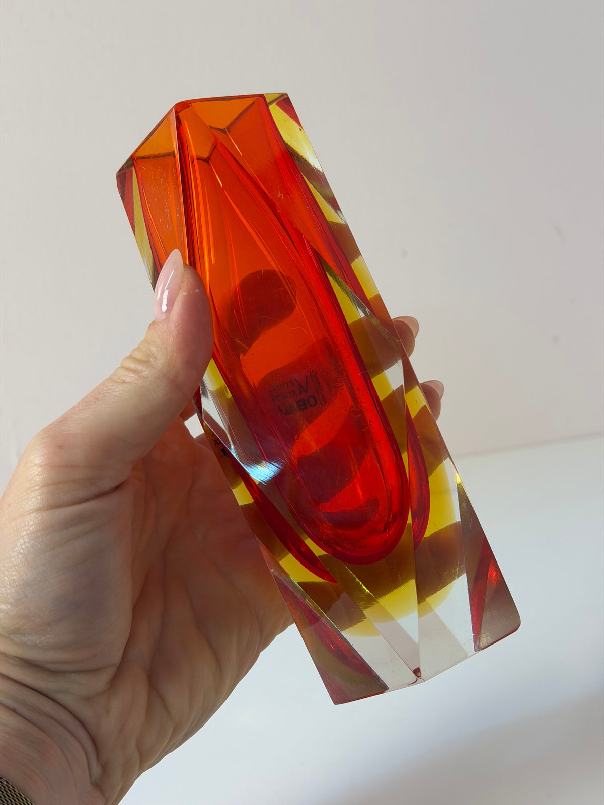 Vintage Blockvase von Vetreria Artistica Oball, Sommerso Murano-Glas rot-gelb