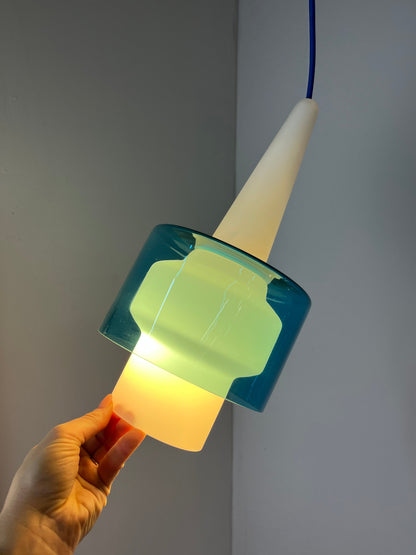 Vintage Hängelampe blau-weiß Opalglas von Hyllinge Glasbruk