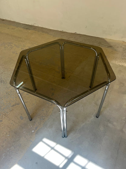 Vintage Esstisch Hexagon Rauchglas und Chrom, Space Age 70er