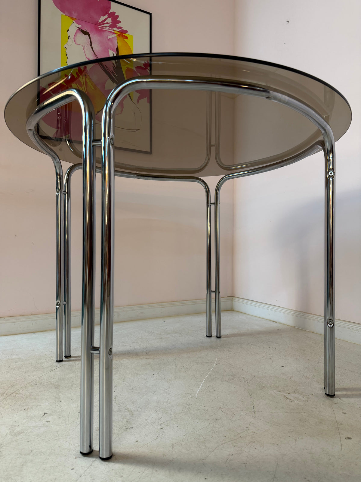Vintage Esstisch Chrom und Rauchglas, Space Age 70er