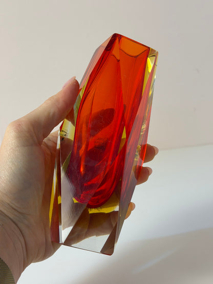 Vintage Blockvase von Vetreria Artistica Oball, Sommerso Murano-Glas rot-gelb