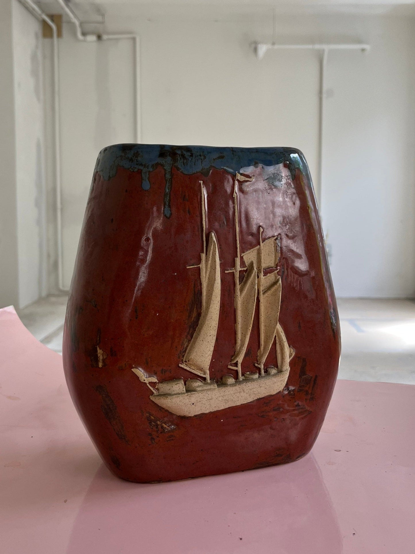 Vintage vase ship brown ceramic Denmark