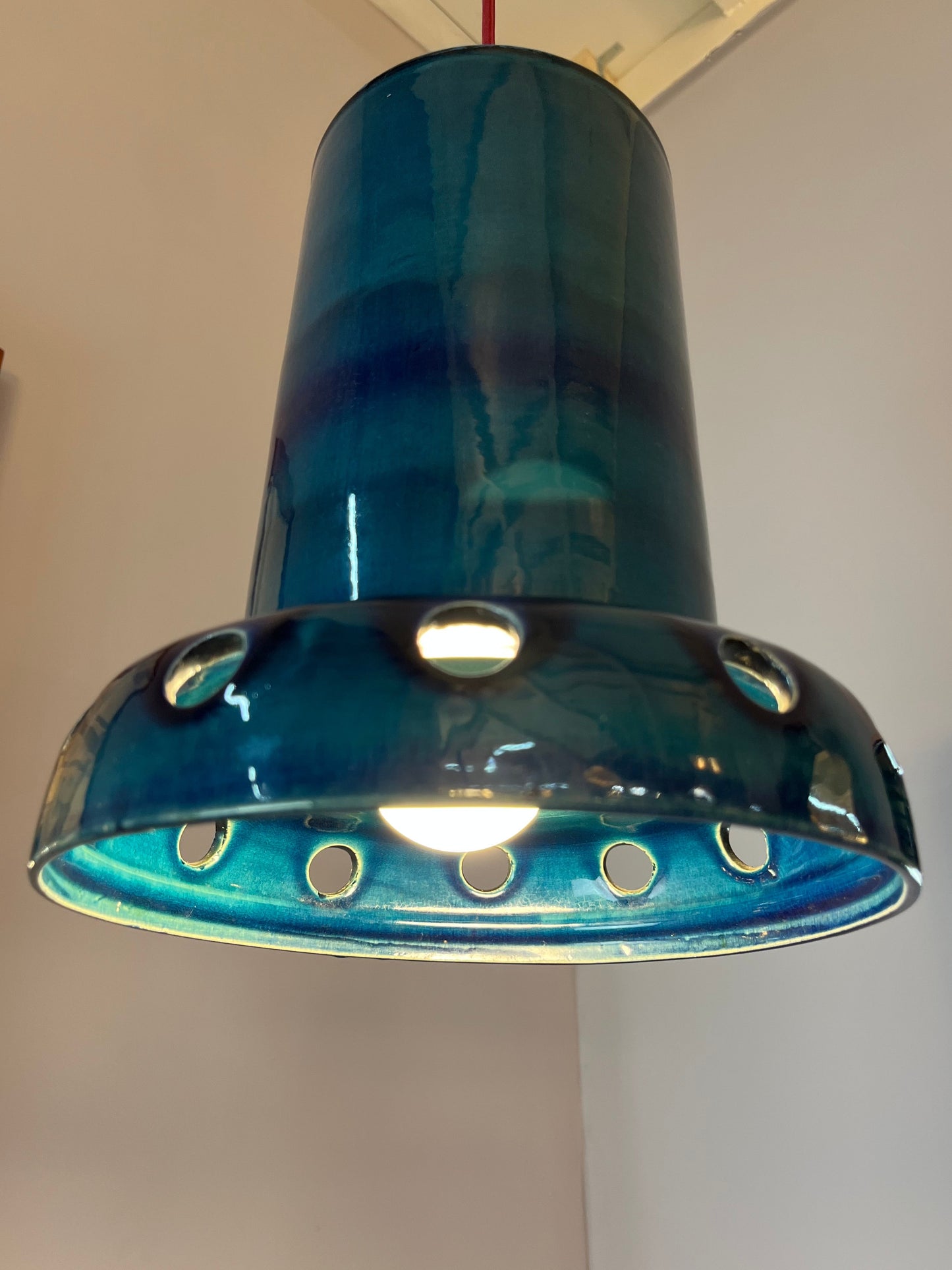 Lampe suspendue vintage en céramique bleue, poterie ouest-allemande