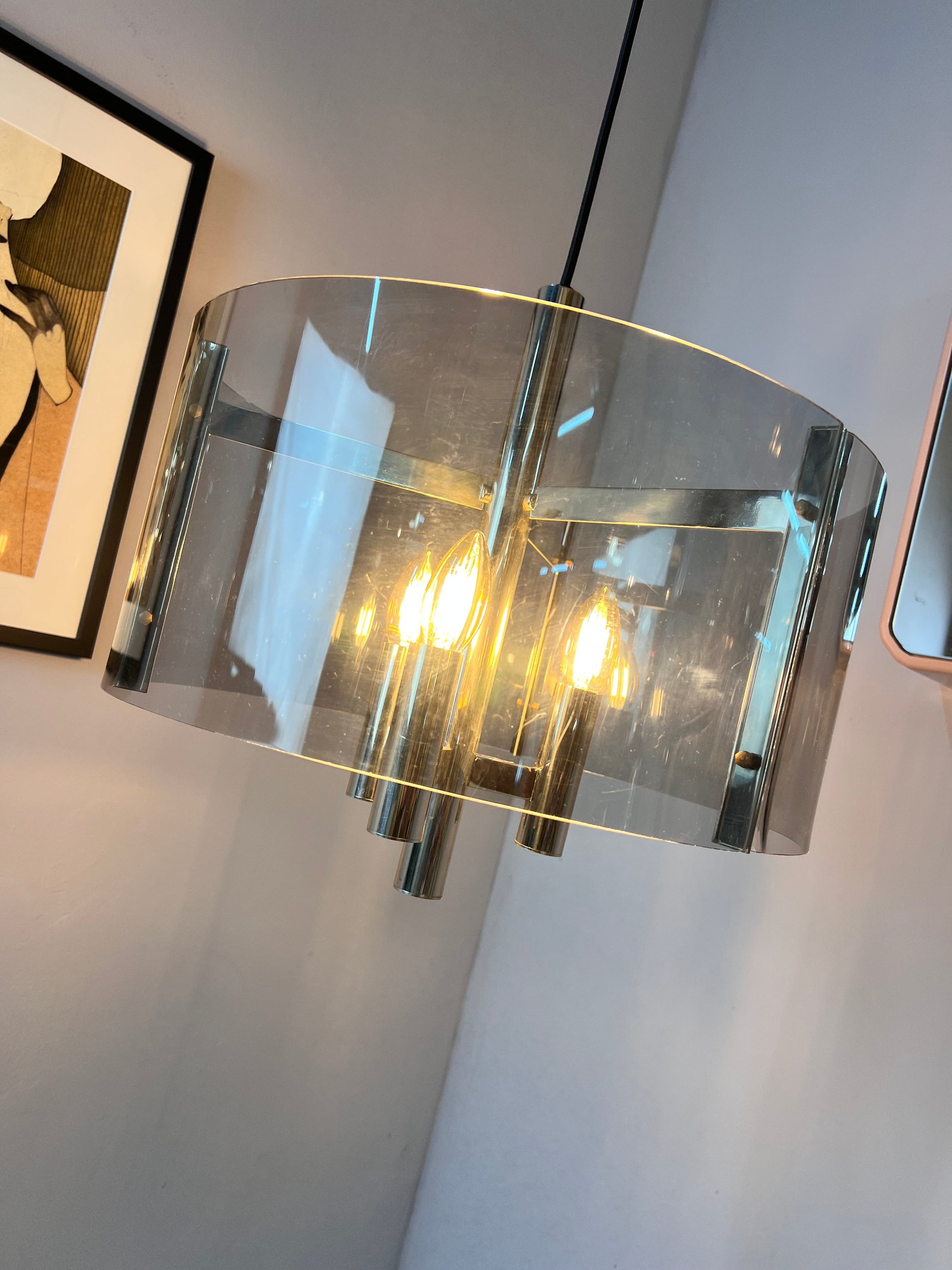 Vintage Hängelampe Chrom und Rauchacryl