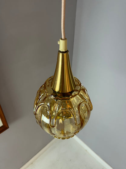 Lampe suspendue vintage en verre jaune doré avec laiton