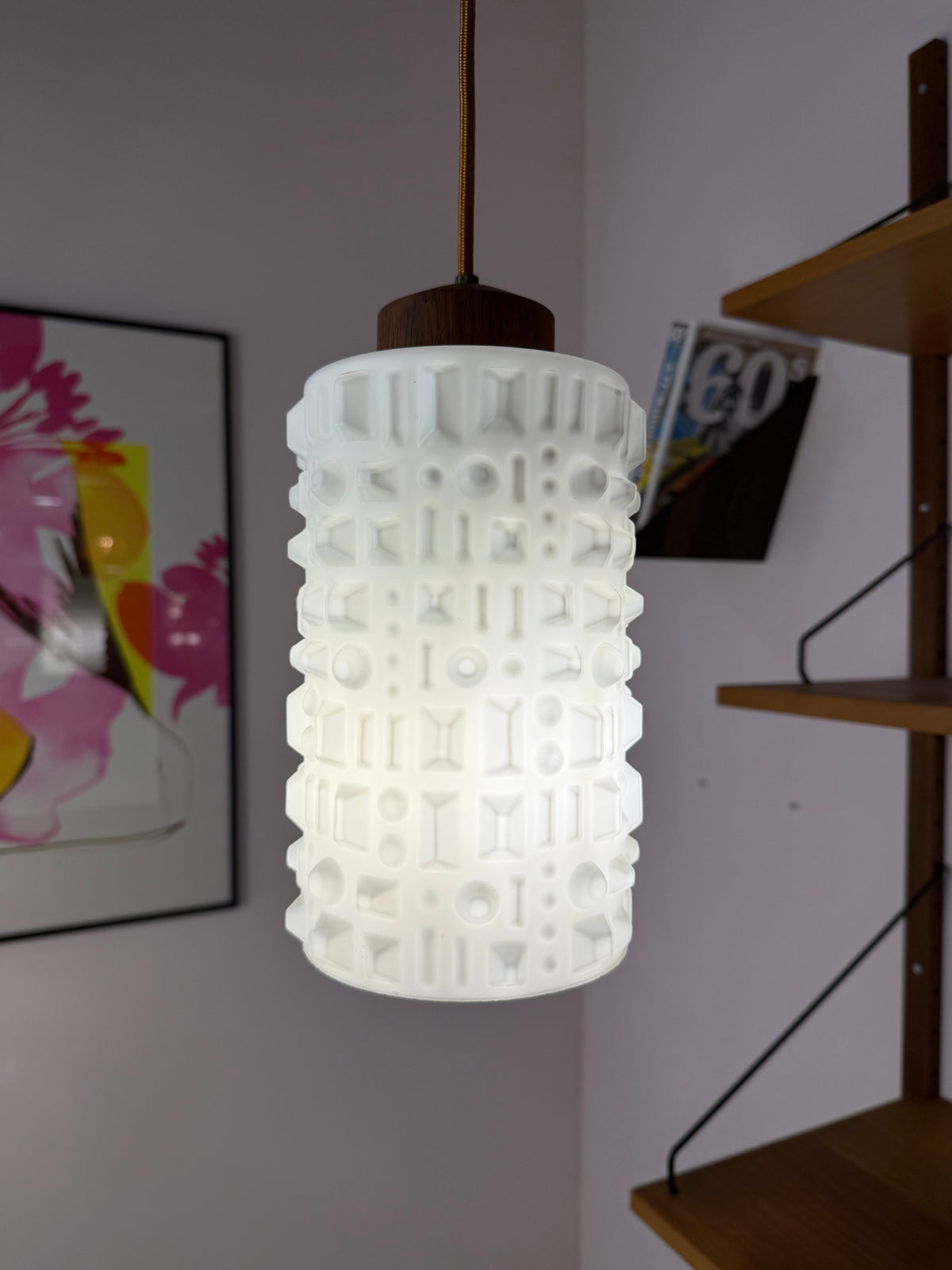 Vintage Hängelampe Strukturglas und Teakholz aus Dänemark
