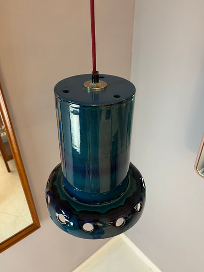 Lampe suspendue vintage en céramique bleue, poterie ouest-allemande