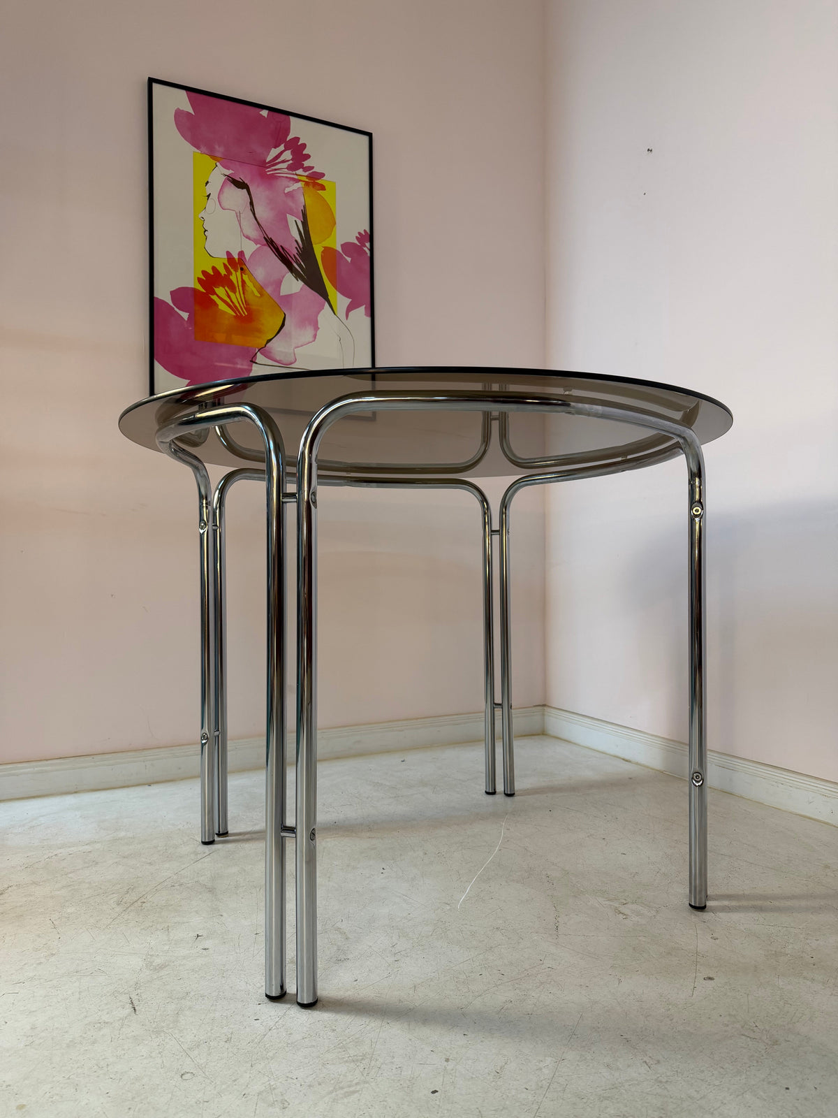 Vintage Esstisch Chrom und Rauchglas, Space Age 70er