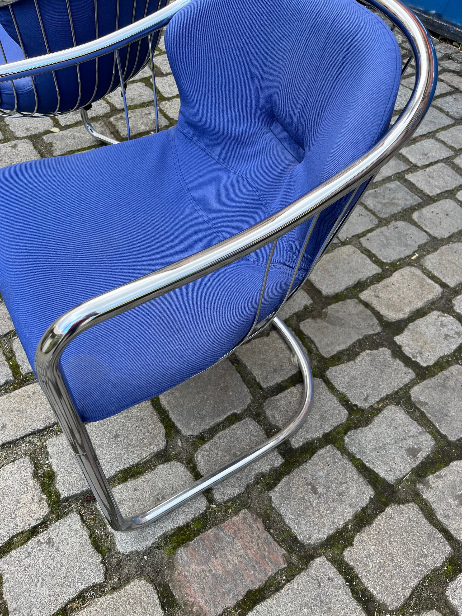 Vintage Freischwinger Chrom blau von Gastone Rinaldi für Alma Set von 2