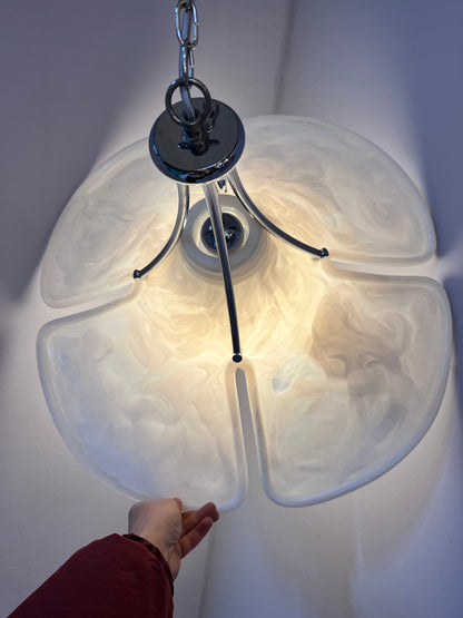 Vintage Hängelampe Blume von Gebrüder Cosack weiß Chrom handgearbeitet