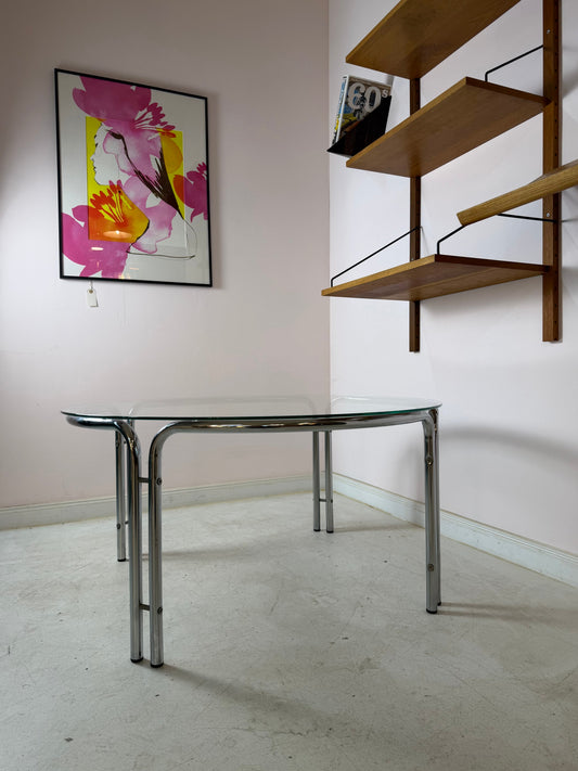 Vintage Couchtisch rund, Glas und Chrom, Space Age