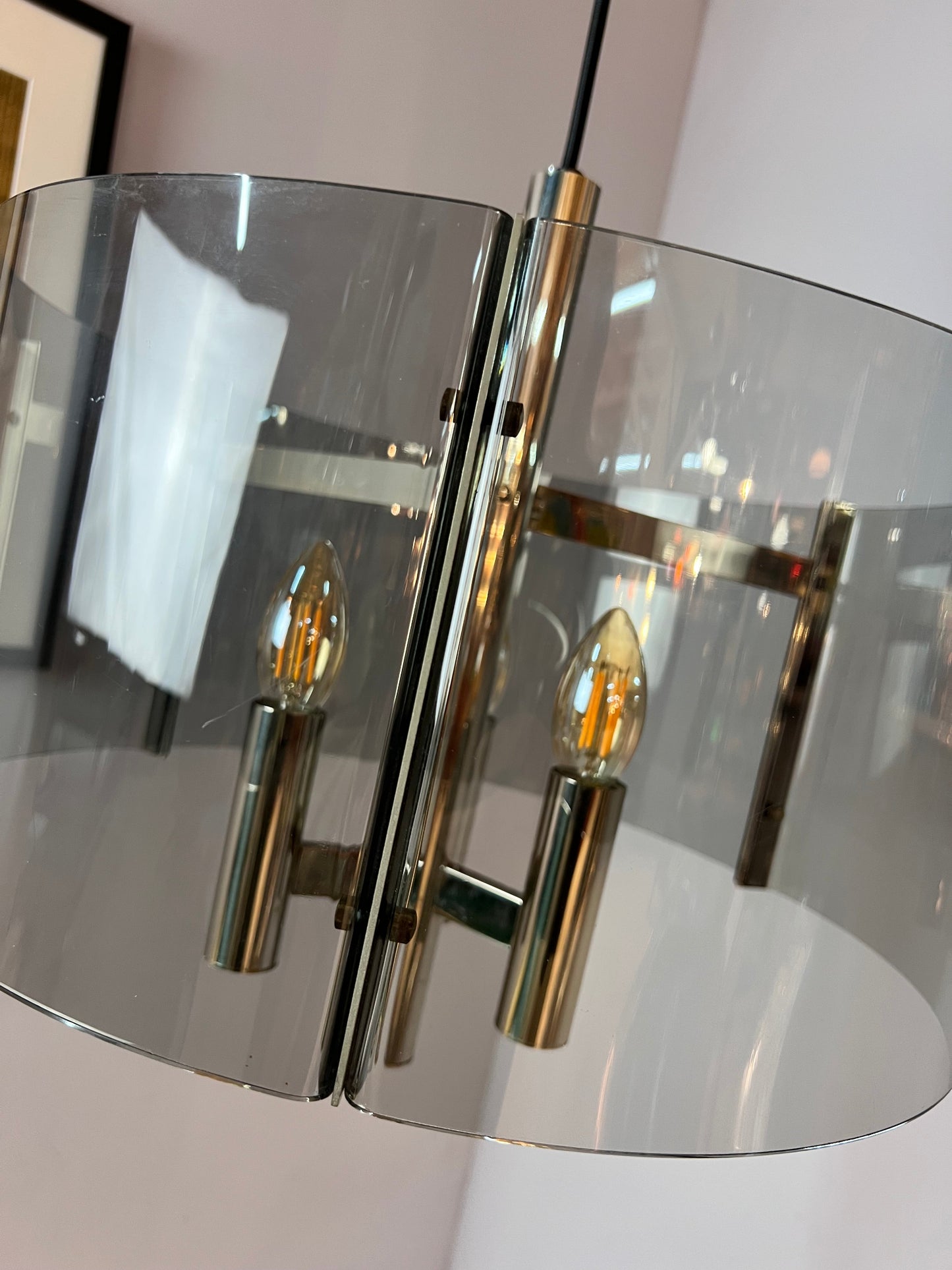 Vintage Hängelampe Chrom und Rauchacryl