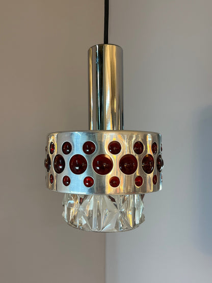 Vintage hanging lamp red chrome crystal glass by Fischer Leuchten