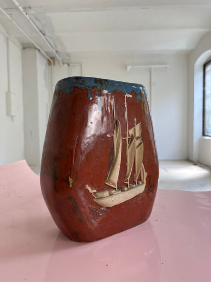 Vintage vase ship brown ceramic Denmark