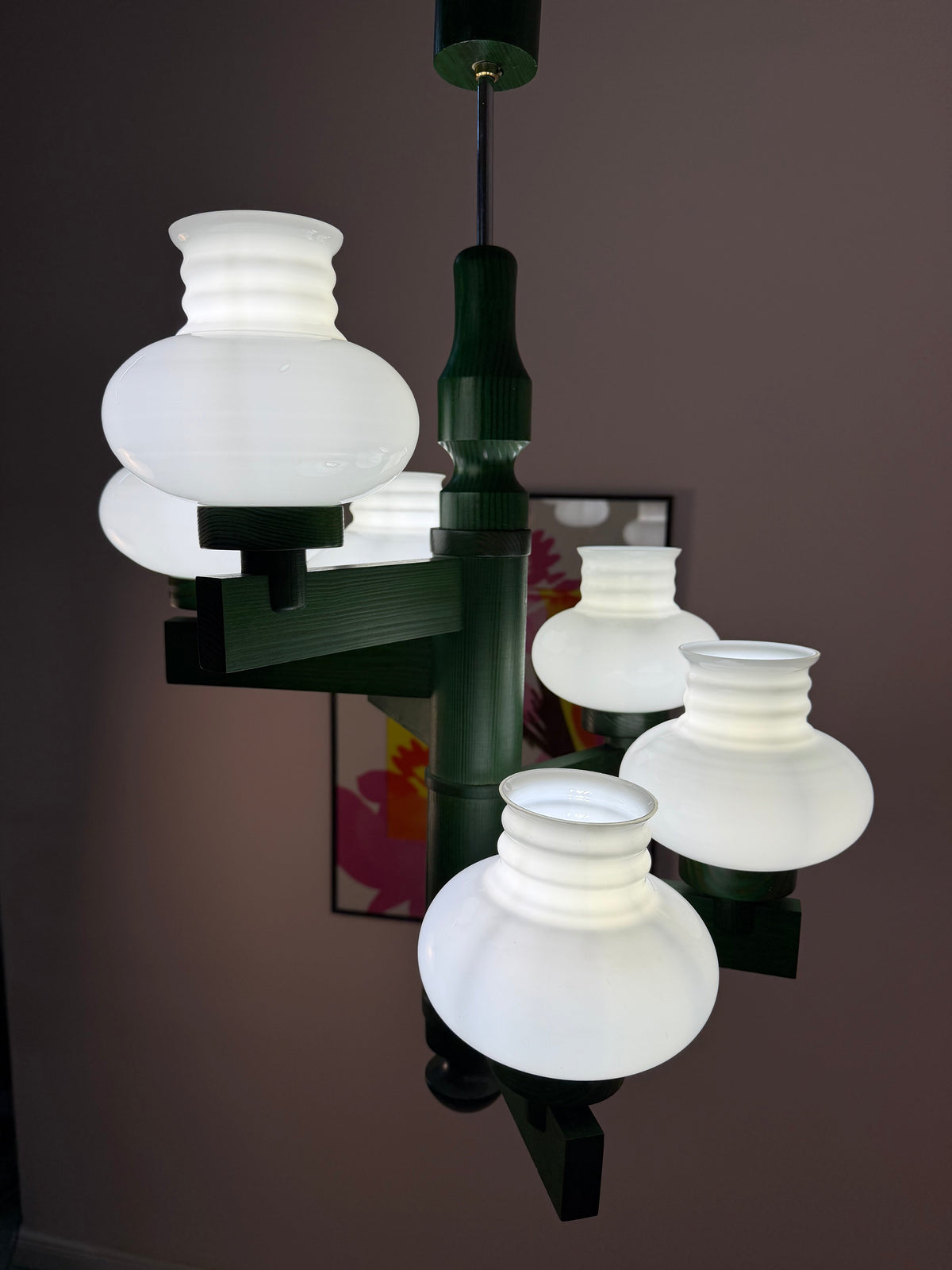 Kronleuchter aus Holz und Opalglas, 6-flammig, Grün