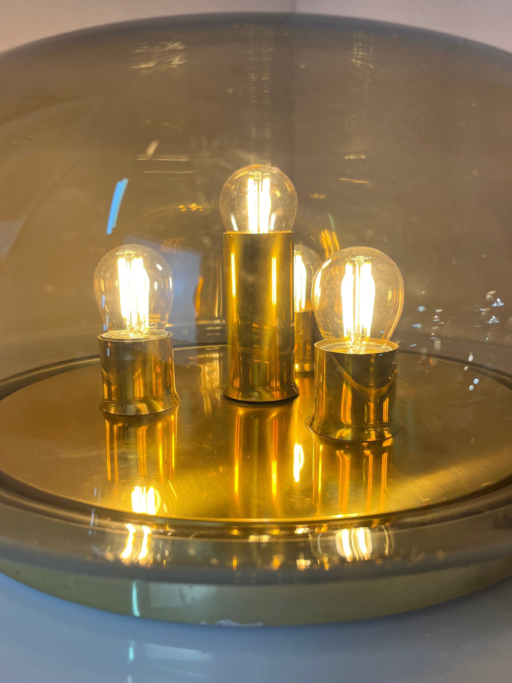 Vintage Wand- und Deckenlampe von Kaiser Leuchten Messing Rauchglas