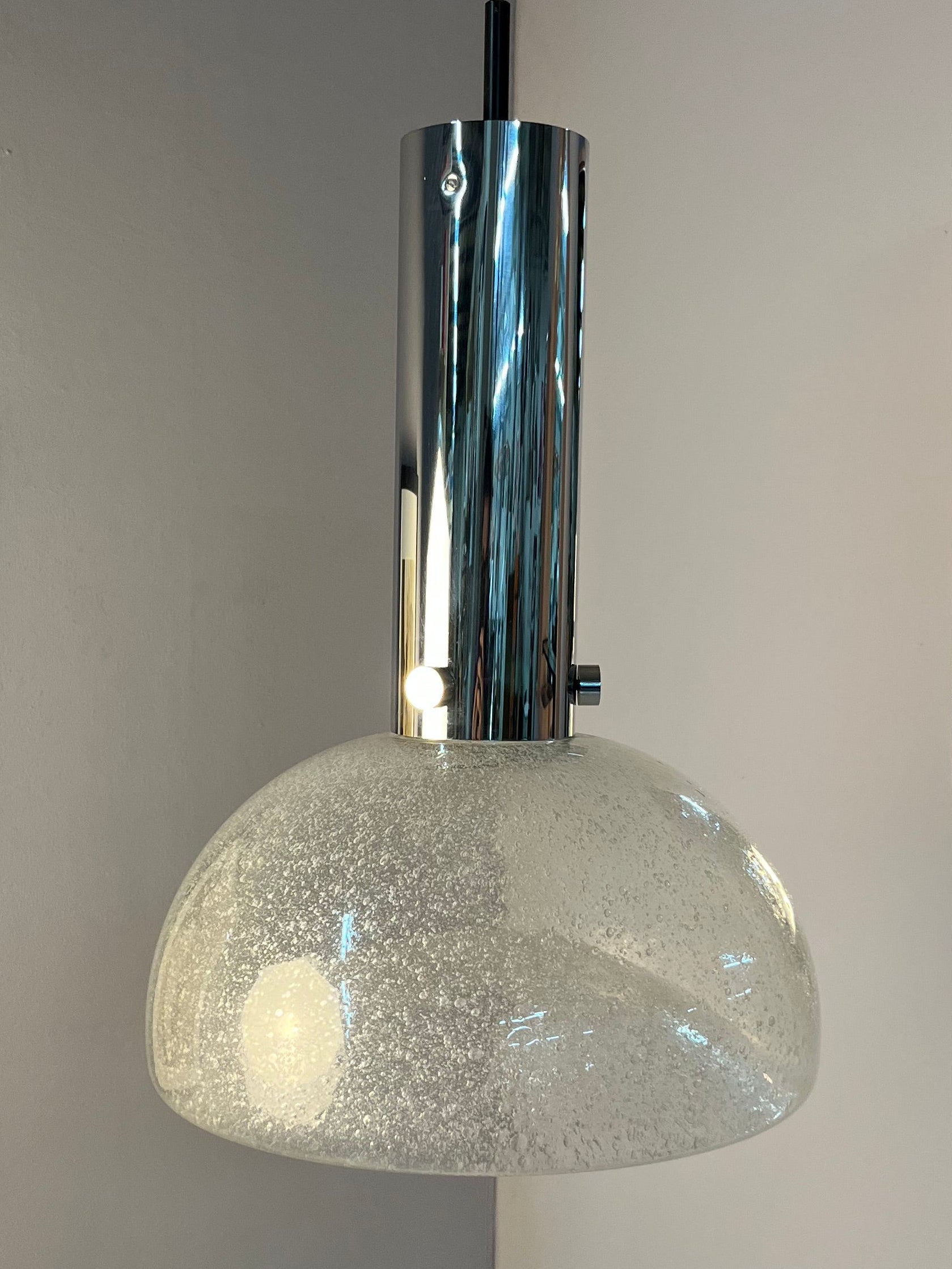 Vintage Hängelampe von Herbert Proft für Glashütte Limburg Eisglas Chrom groß