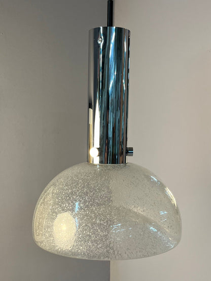 Vintage Hängelampe von Herbert Proft für Glashütte Limburg Eisglas Chrom groß