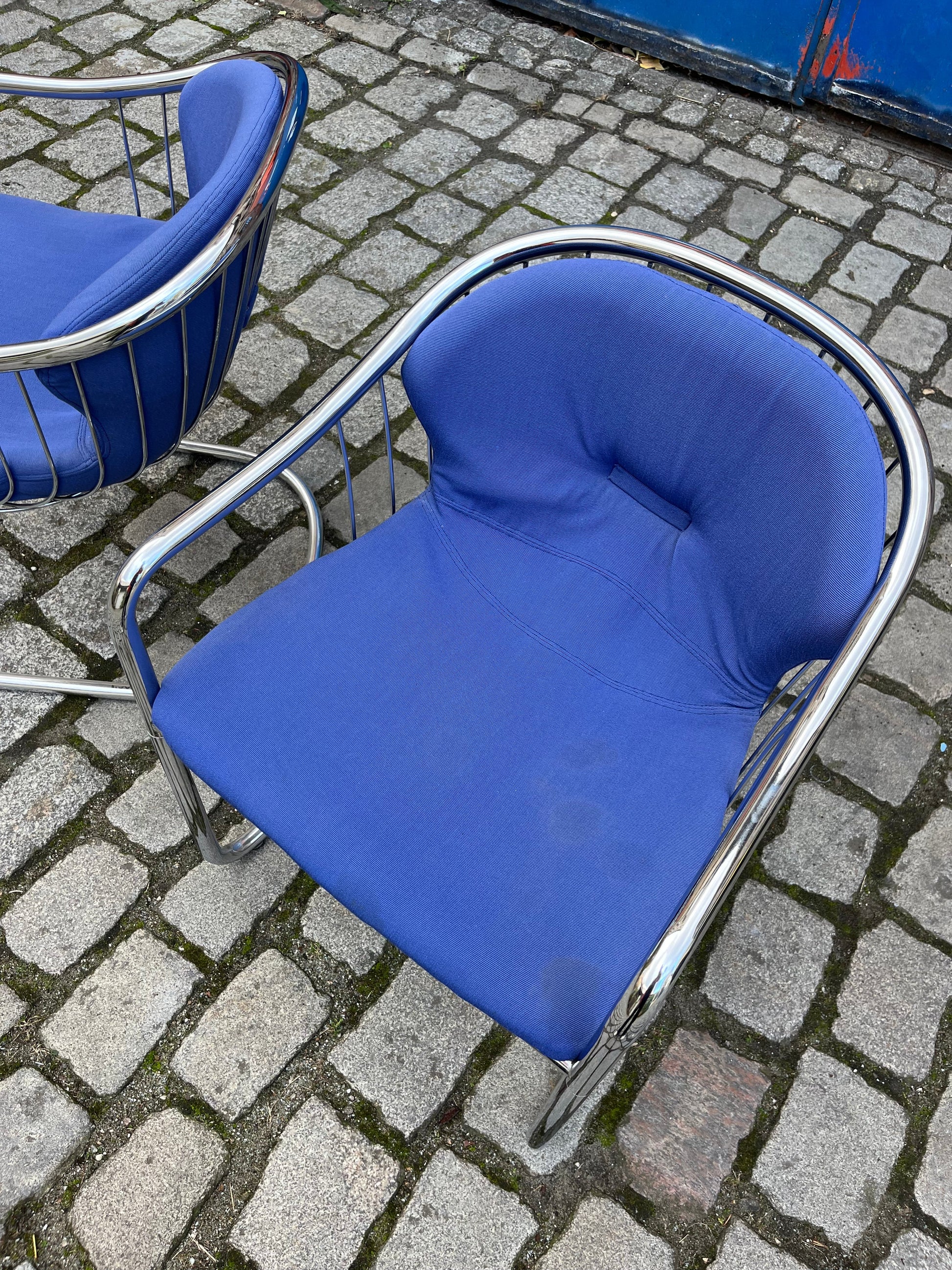 Vintage Freischwinger Chrom blau von Gastone Rinaldi für Alma Set von 2