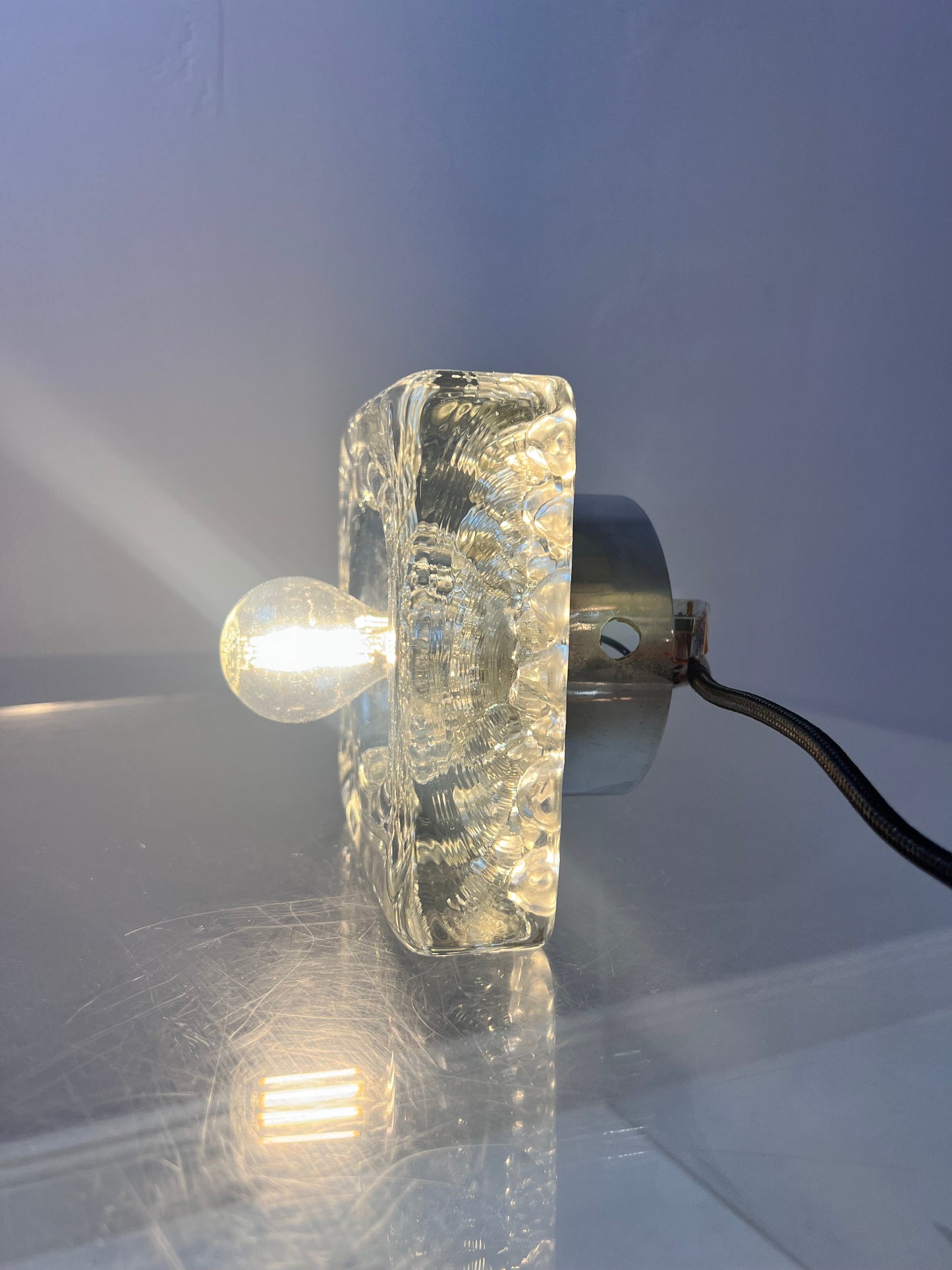 Vintage Wandleuchte Ice Cube von Kalmar Glas Chrom