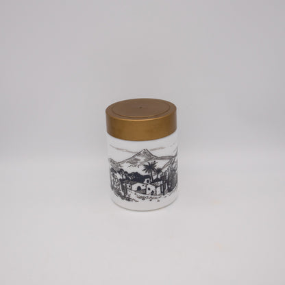 Vintage Vorratsdose Opalglas mit Dorfszenerie, 1970er Jahre