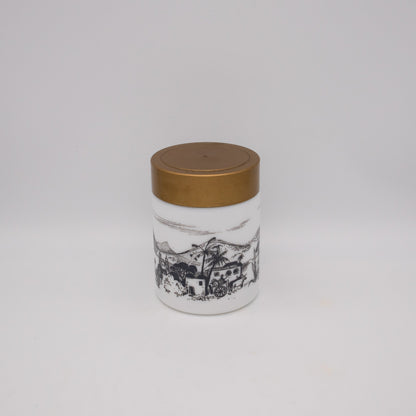 Vintage Vorratsdose Opalglas mit Dorfszenerie, 1970er Jahre