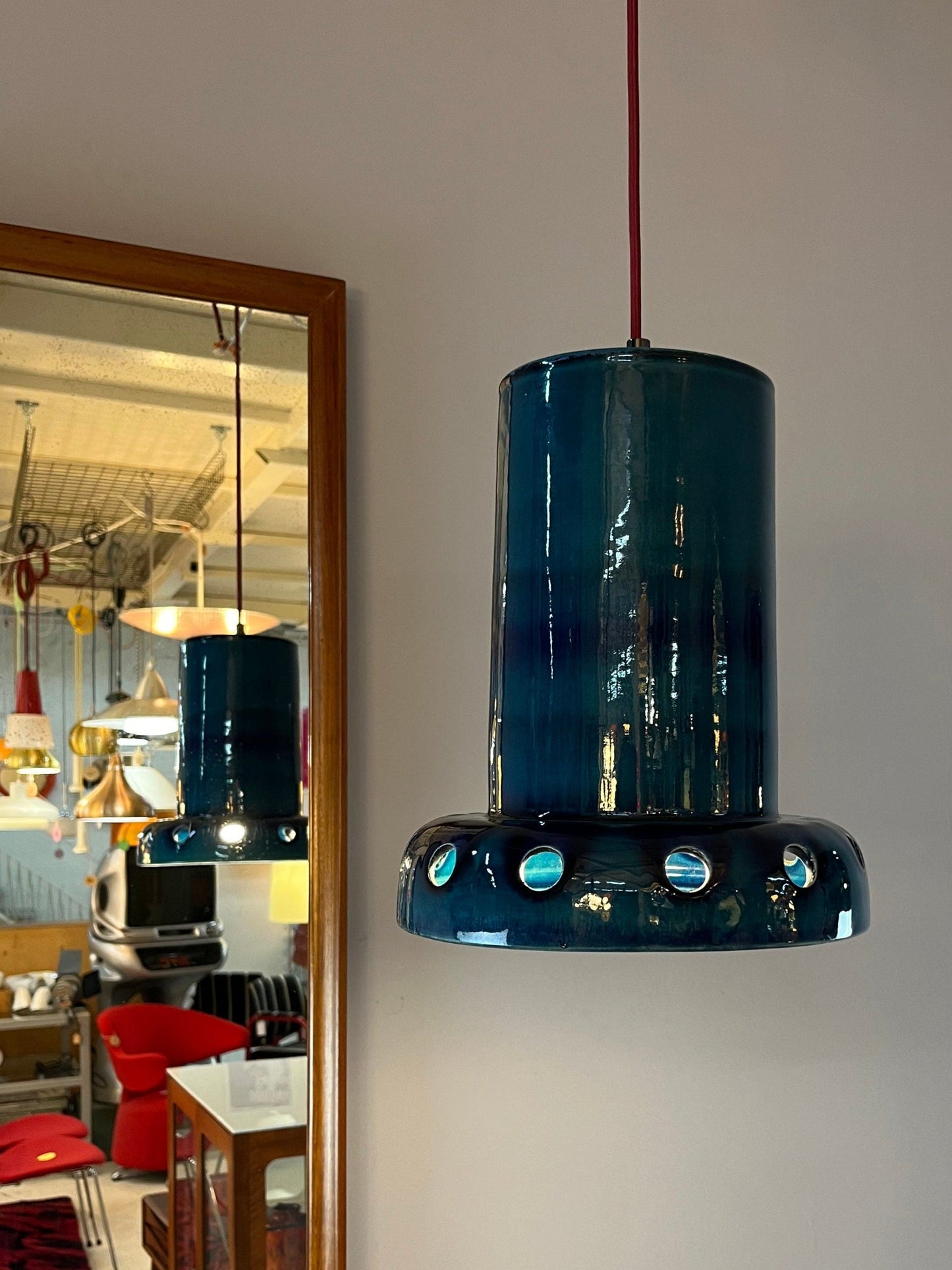 Lampe suspendue vintage en céramique bleue, poterie ouest-allemande