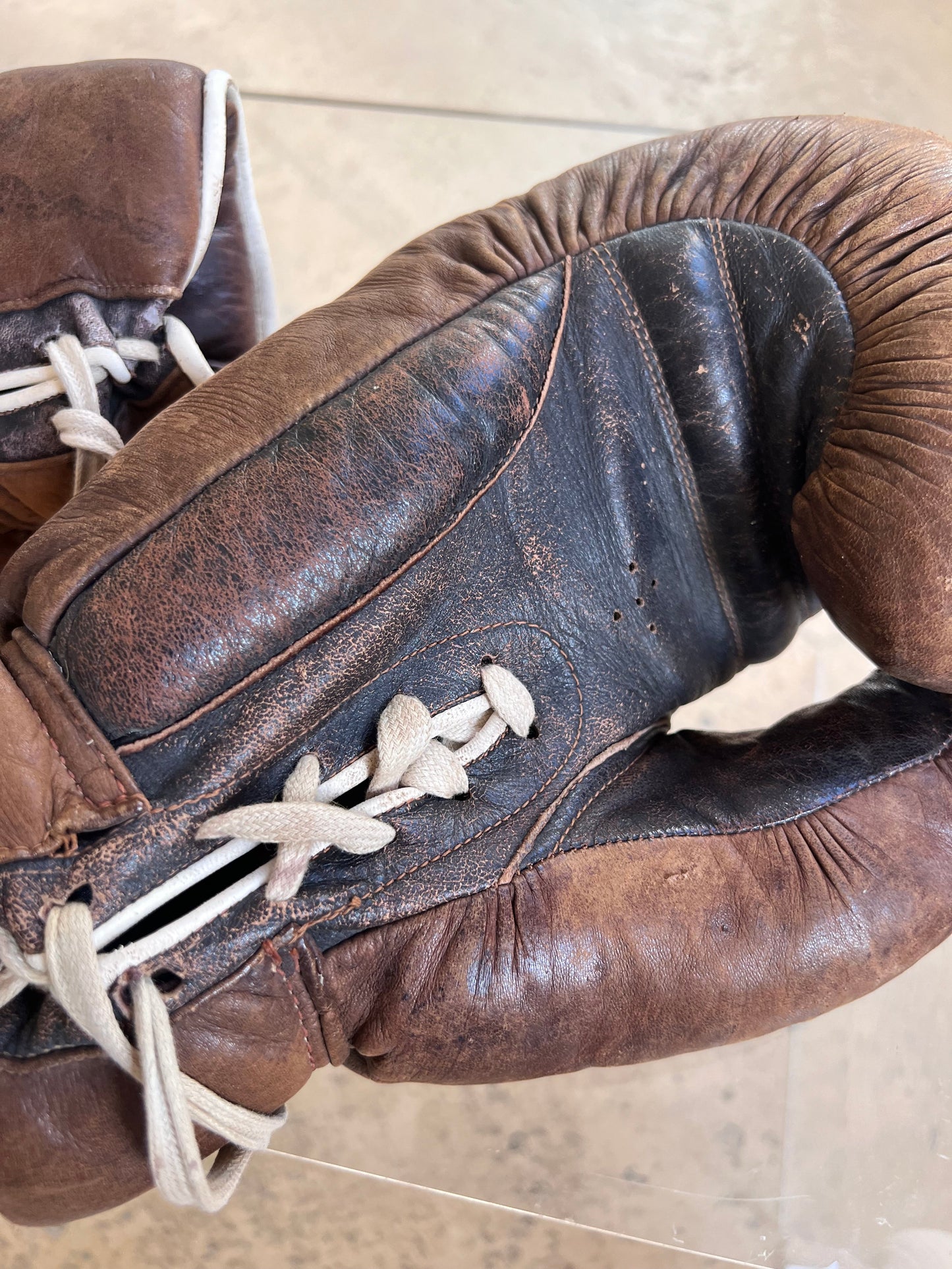 Boxing gloves brown genuine leather
