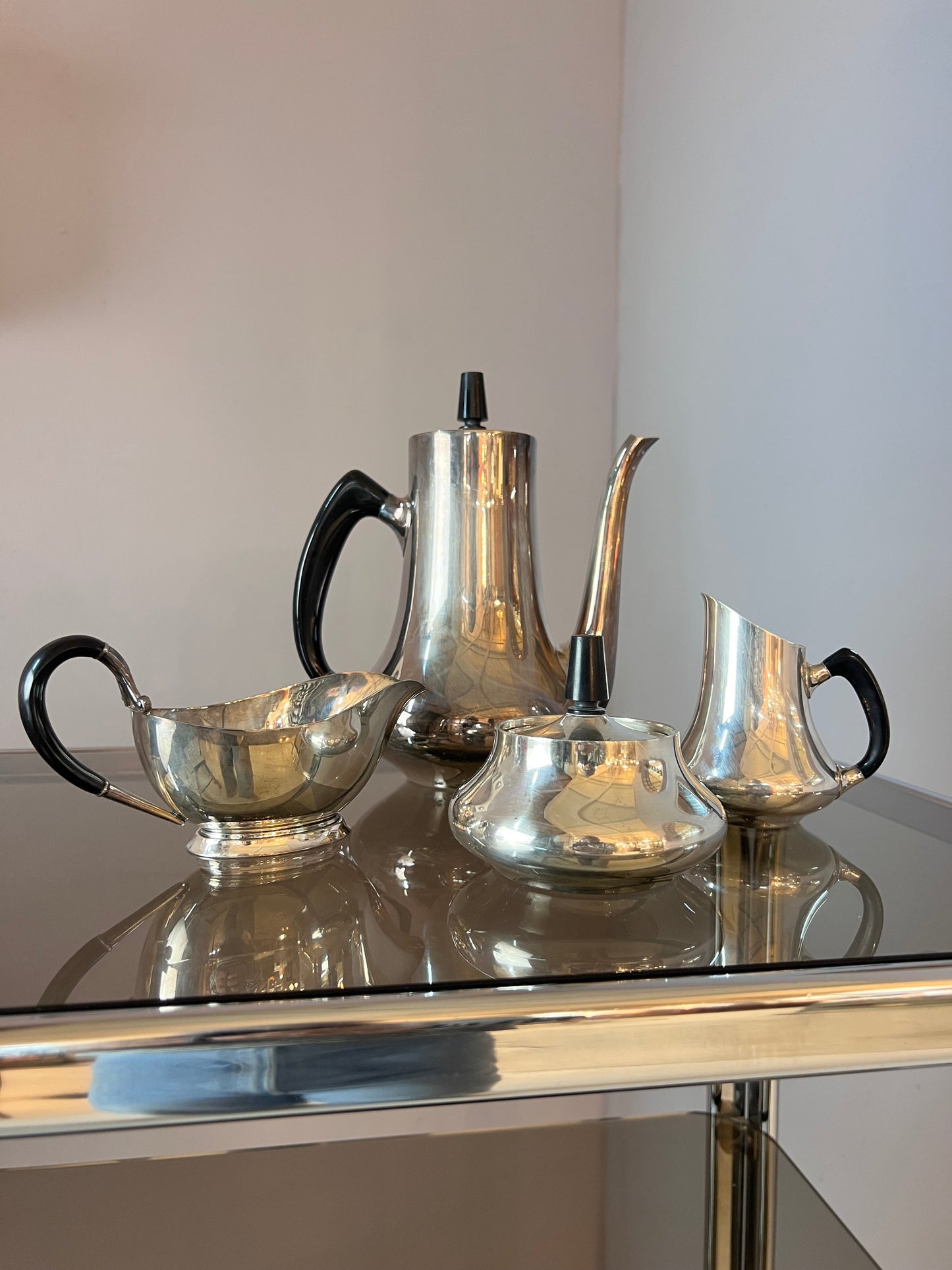 Vintage Kanne Zuckerdose Milchkännchen Sauciere EPNS versilbert von Hans Bunde für COHR Denmark Set