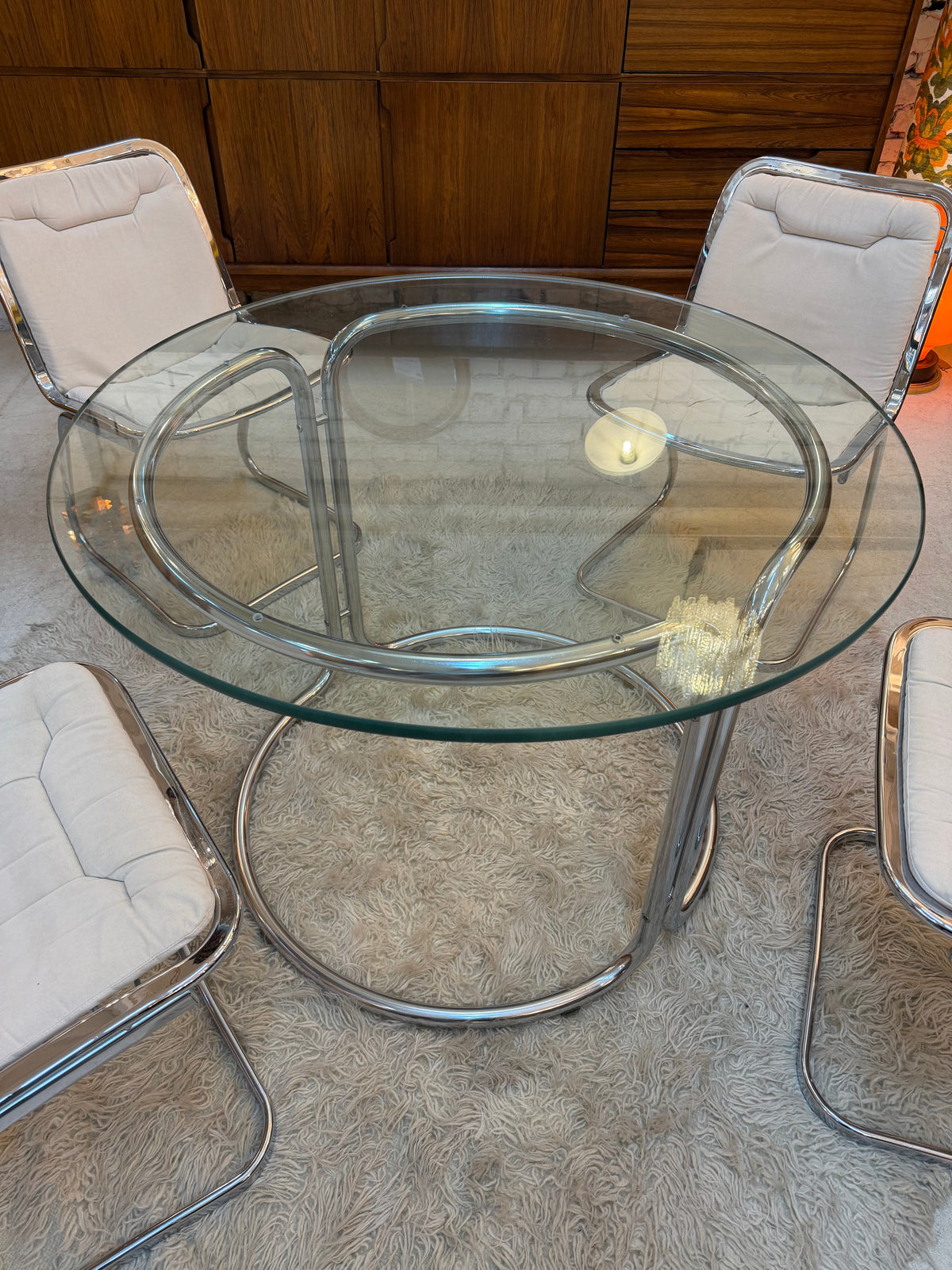 Vintage Esstisch Chrom und Glas Ø 99 cm Space Age Italien