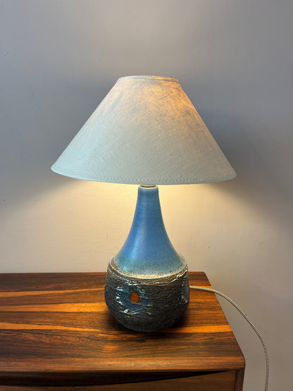 Tischlampe blau braun Keramik mit Stoffschirm