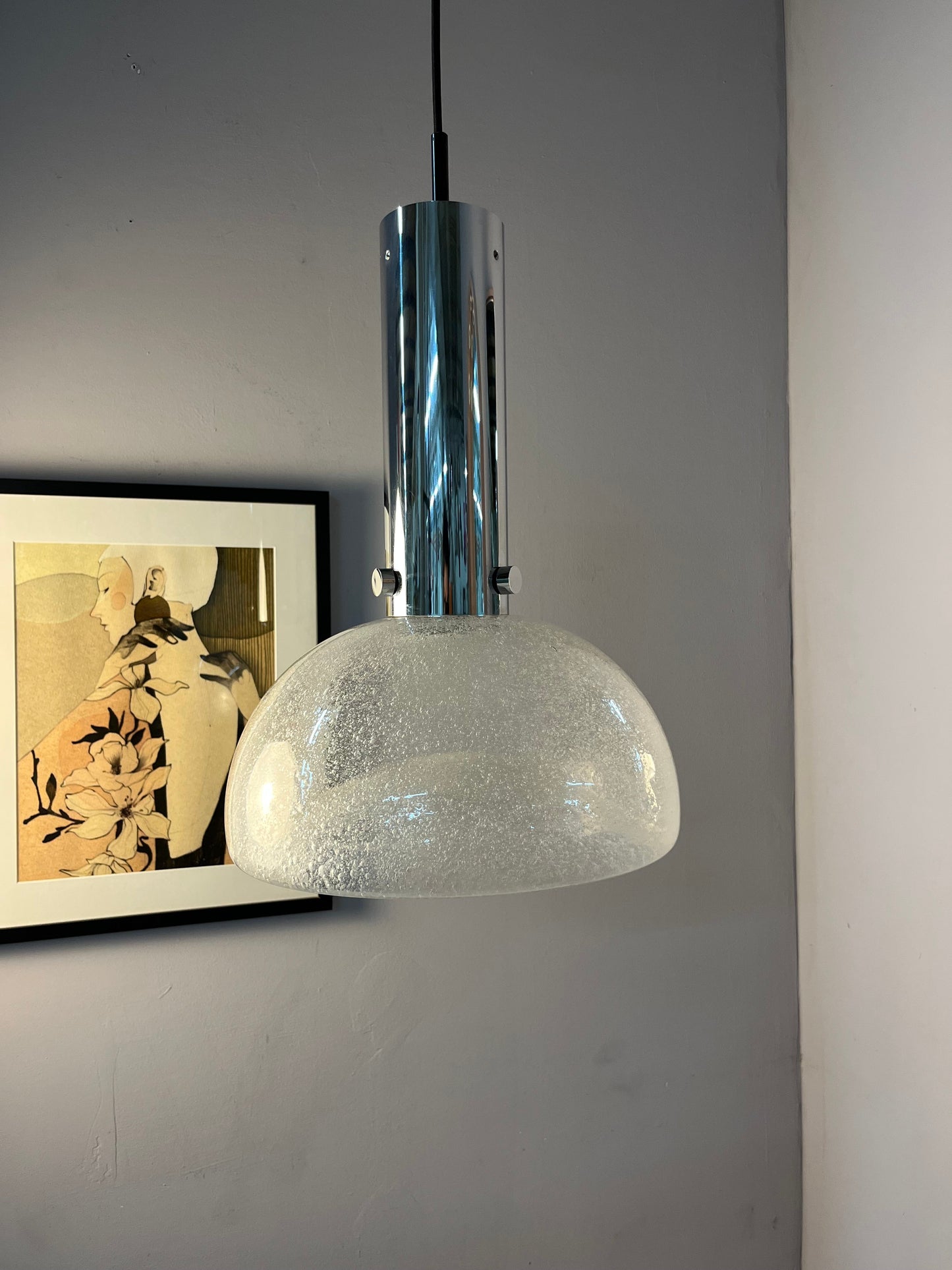 Vintage Hängelampe von Herbert Proft für Glashütte Limburg Eisglas Chrom groß