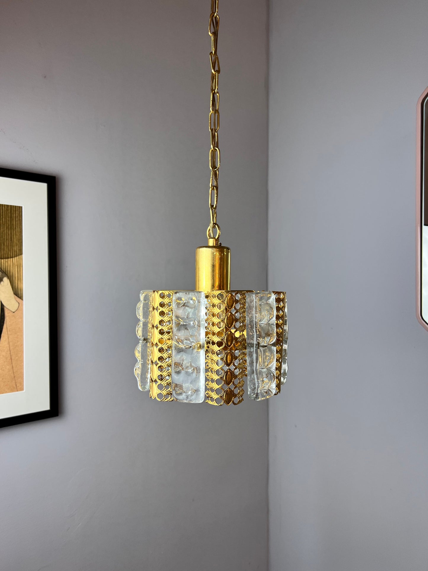 Vintage Hängelampe Glas Messing von Carl Fagerlund für Orrefors