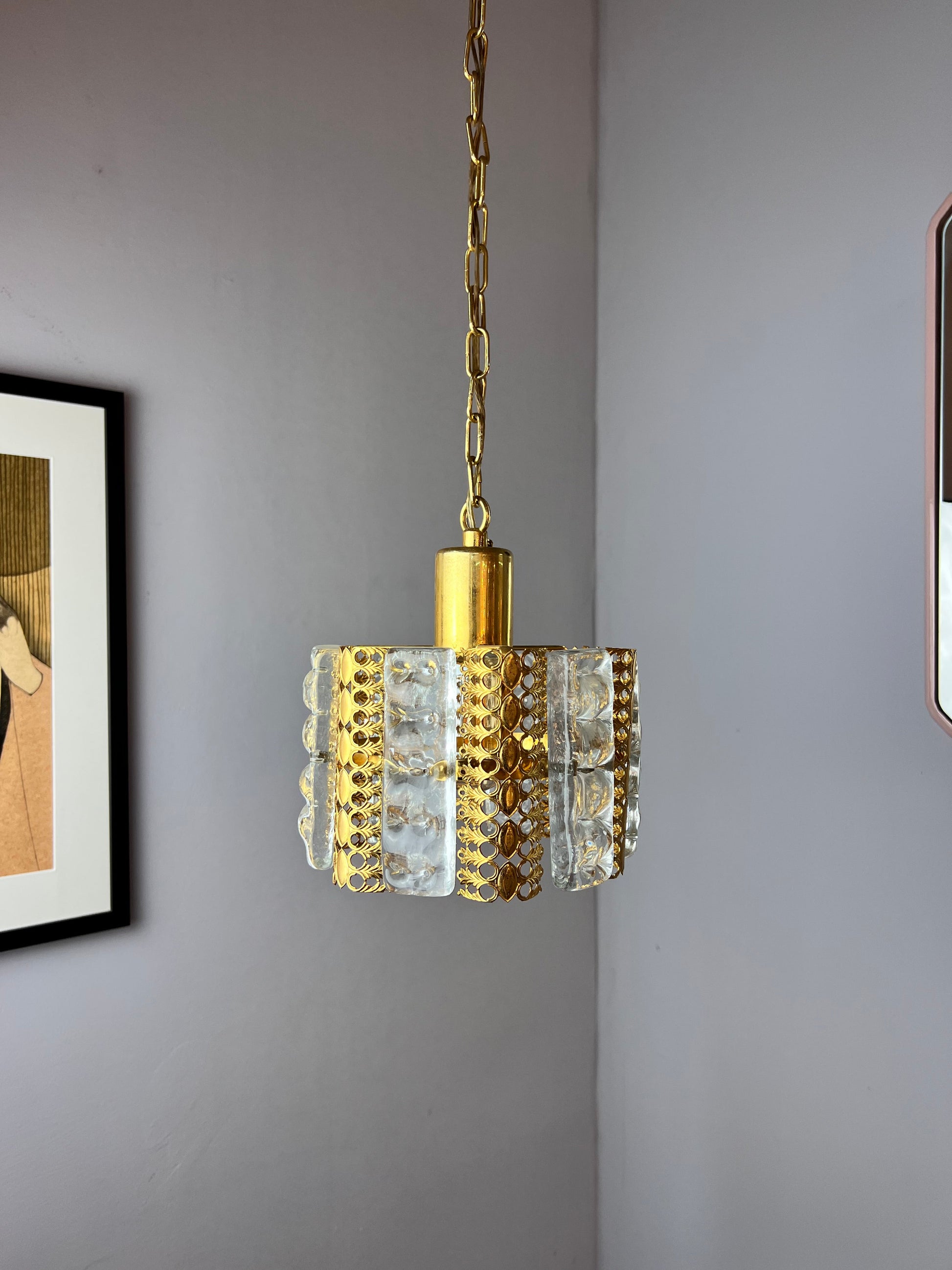 Vintage Hängelampe Glas Messing von Carl Fagerlund für Orrefors