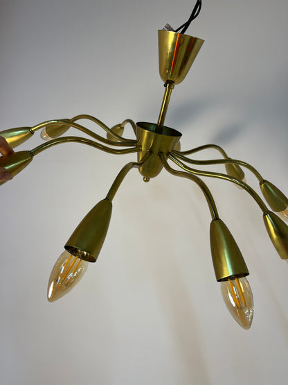 Vintage Kronleuchter 10-armig aus Messing mit Spider-Optik