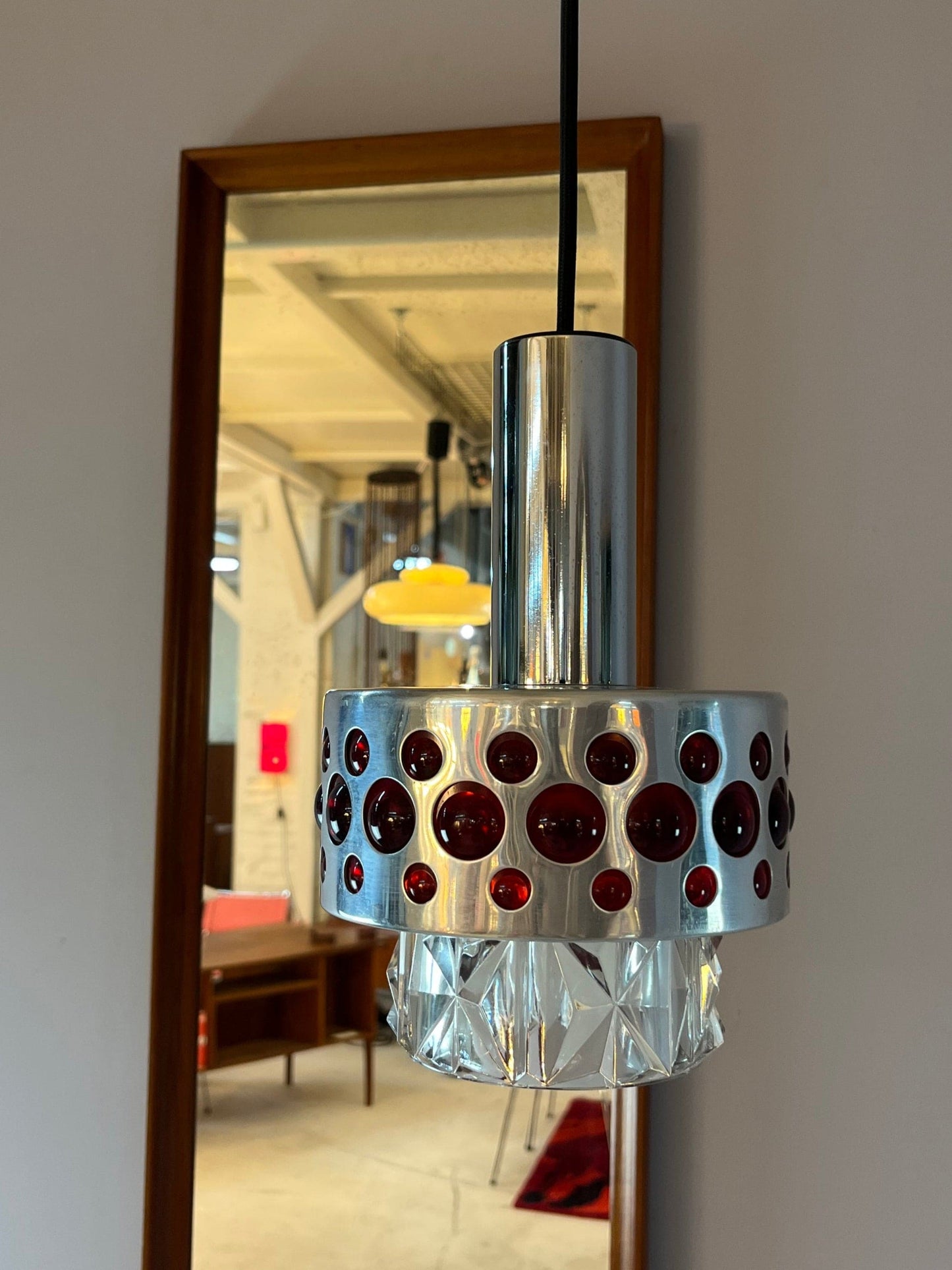 Vintage hanging lamp red chrome crystal glass by Fischer Leuchten