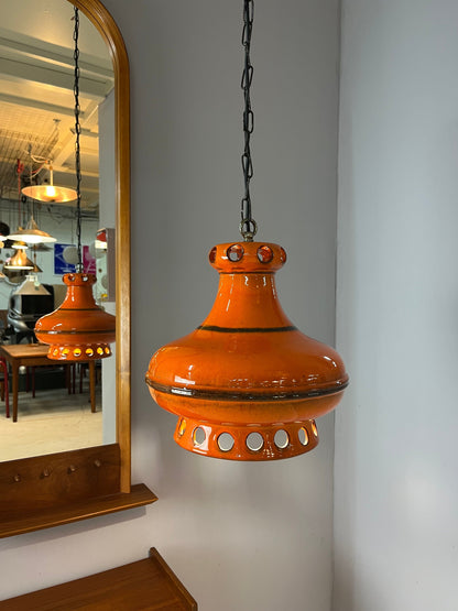 Lampe vintage en céramique orange avec chaîne d'Allemagne de l'Ouest