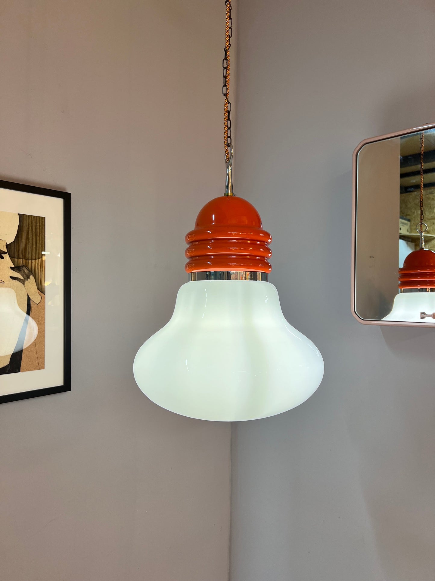 Vintage Hängelampe orange weiß von Tronconi