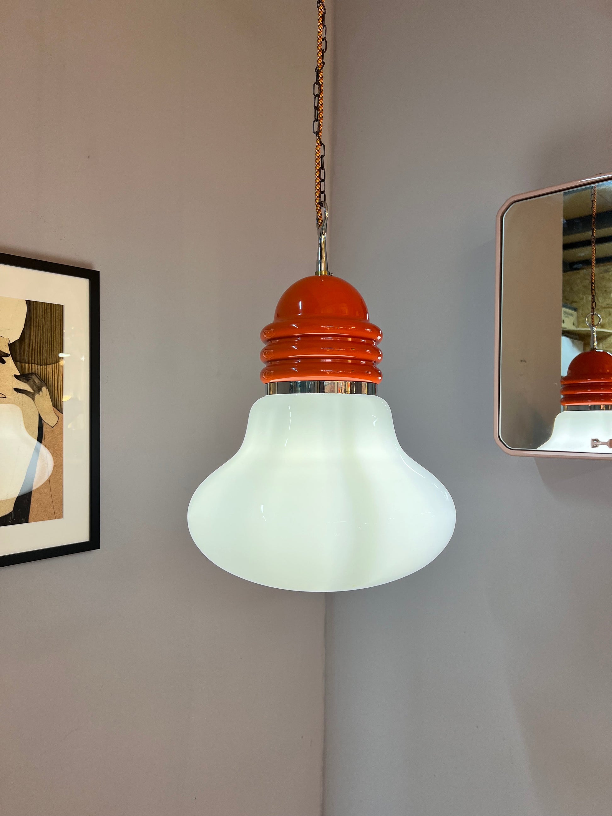 Vintage Hängelampe orange weiß von Tronconi