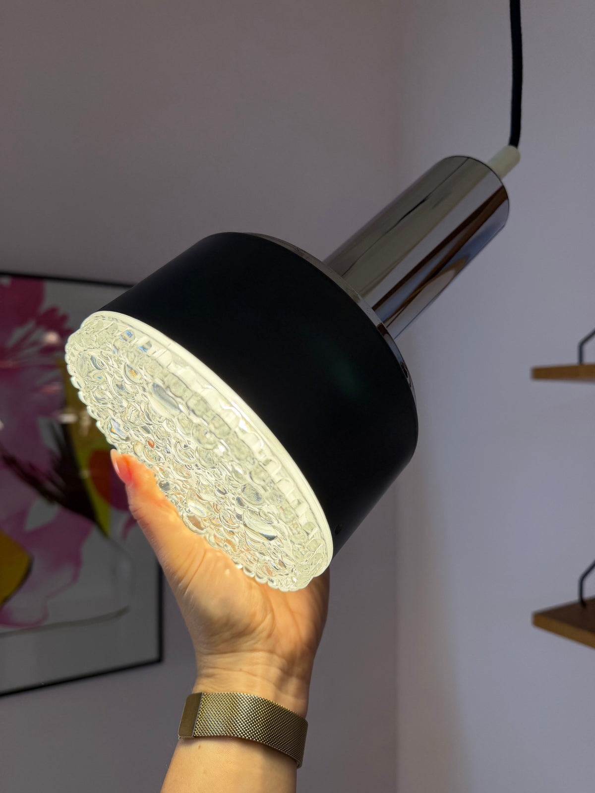 Hängelampe Modell 5024 Strukturglas und Chrom von Staff