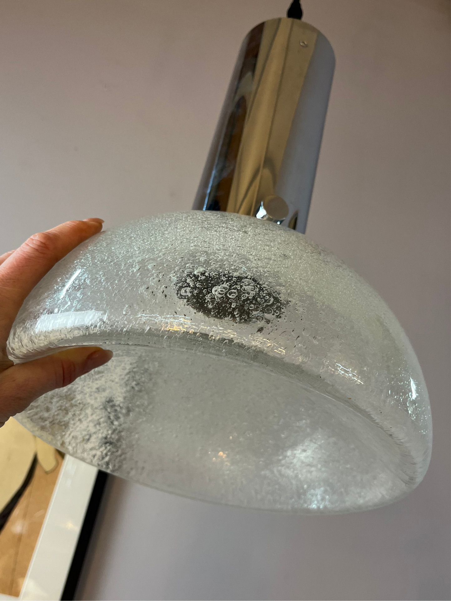 Vintage Hängelampe Chrom Eisglas von Herbert Proft für Glashütte Limburg