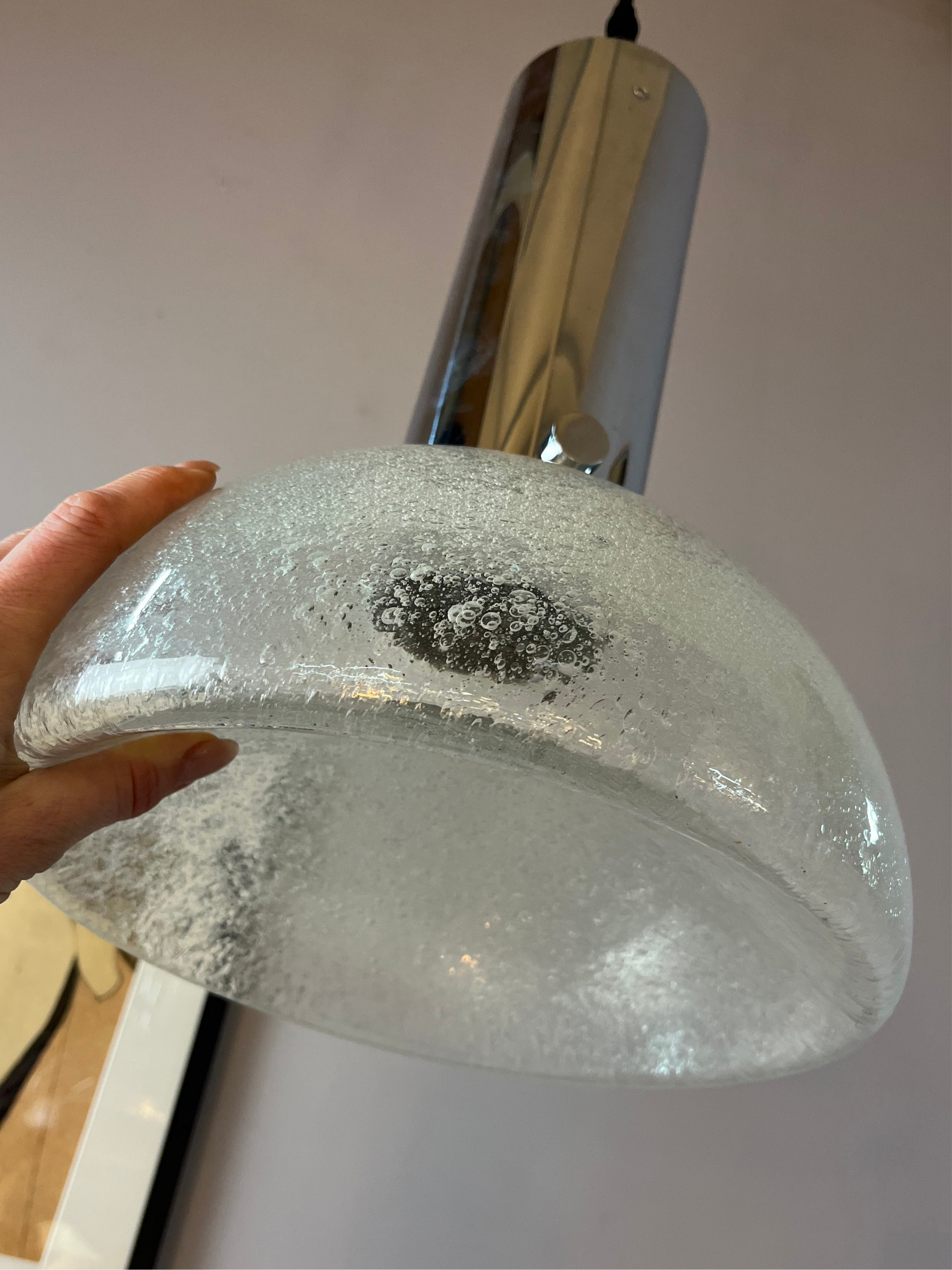 Vintage Hängelampe Chrom Eisglas von Herbert Proft für Glashütte Limburg