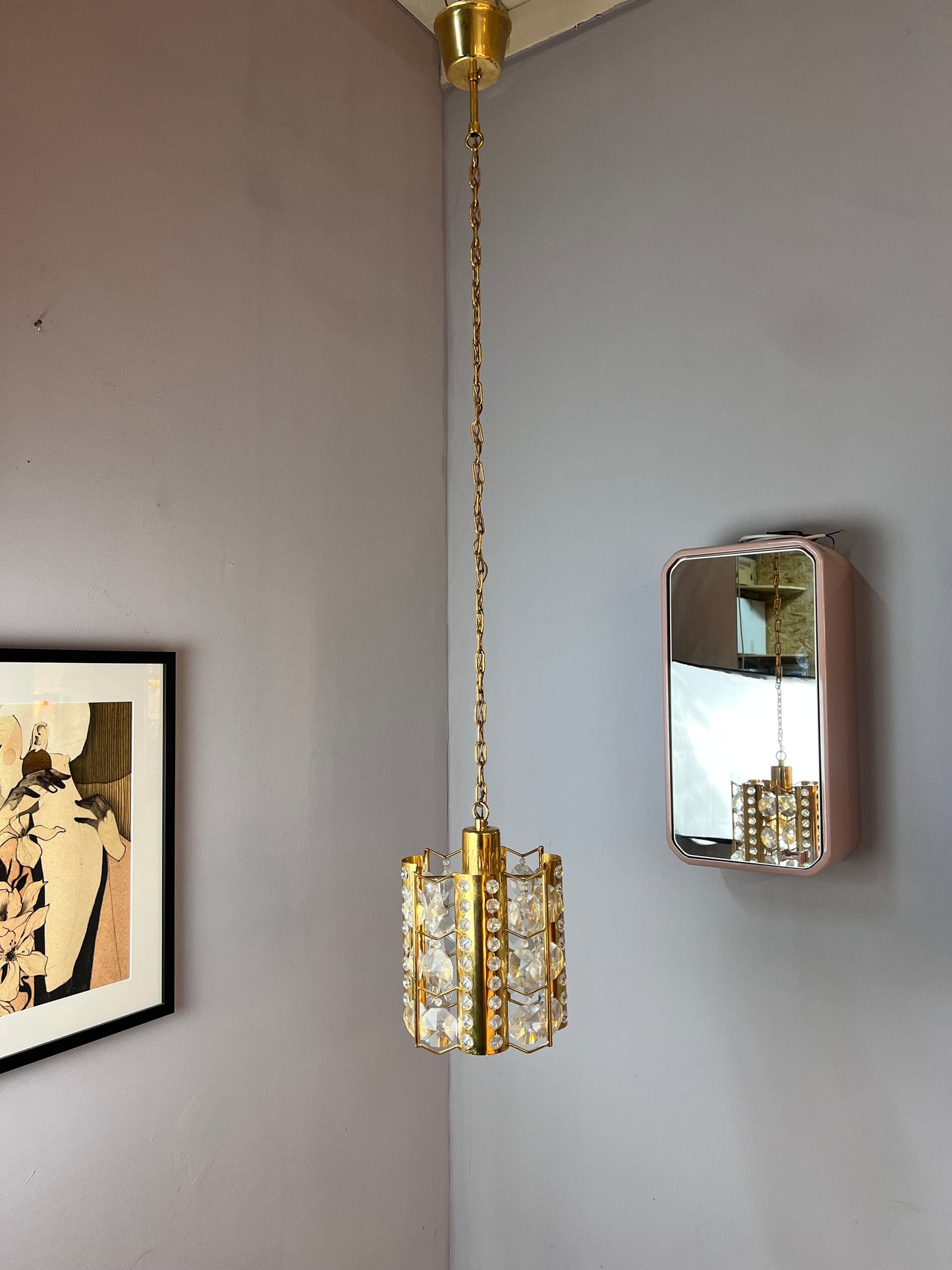 Vintage Hängelampe Messing Kristalle von Palwa