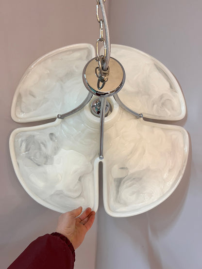 Vintage Hängelampe Blume von Gebrüder Cosack weiß Chrom handgearbeitet